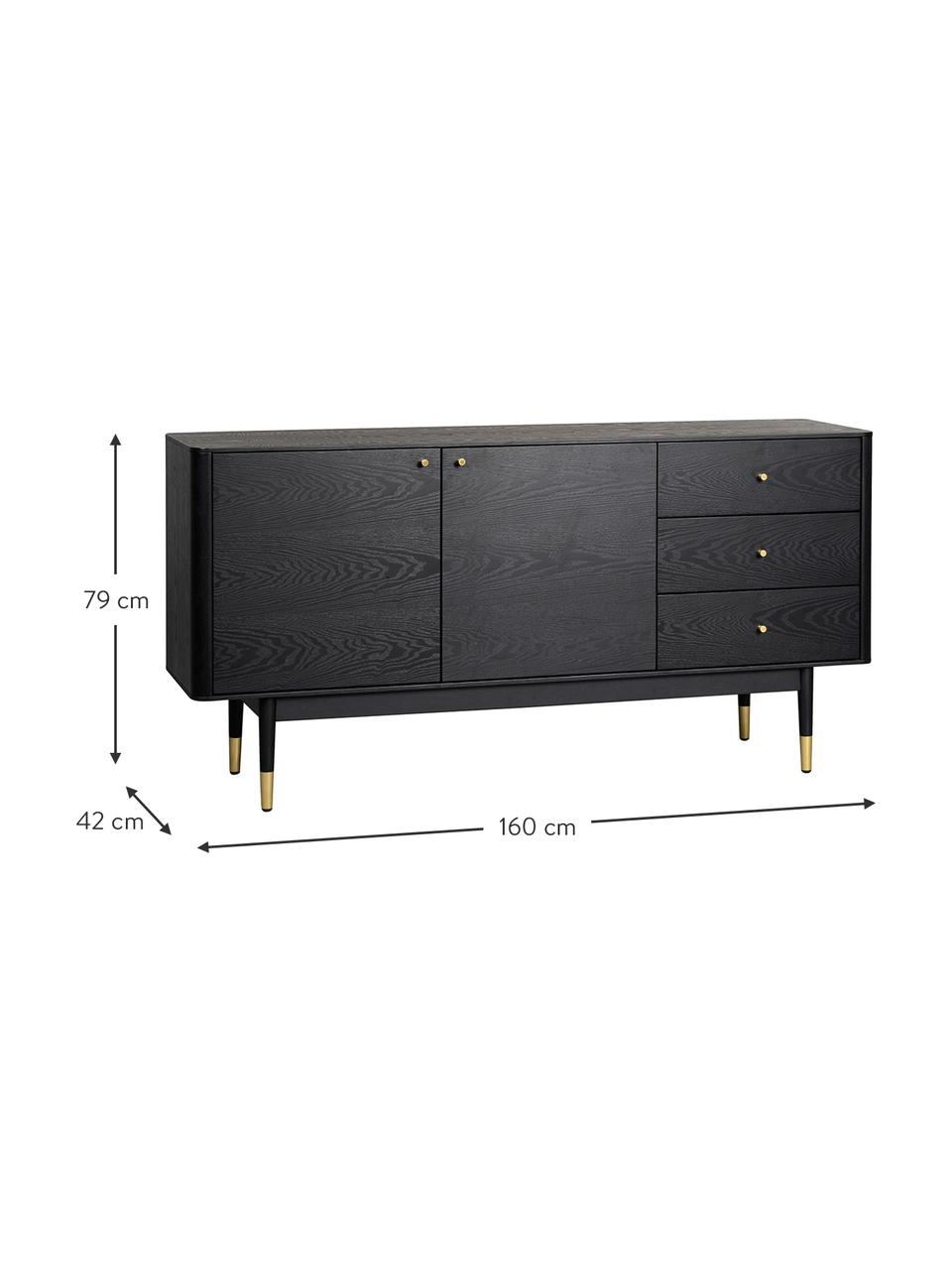 Schwarzes Sideboard Fenwood mit Schubladen mit Eichenholzfurnier, Korpus: Mitteldichte Holzfaserpla, Füße: Eichenholz, massiv, lacki, Schwarz, Messingfarben, B 160 x H 79 cm