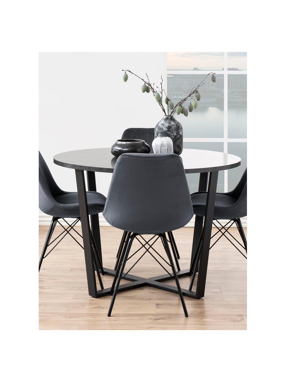 Mesa de comedor redonda Amble, tablero en aspecto mármol, Ø 110 cm, Tablero: tablero de fibras de dens, Patas: metal con pintura en polv, Aspecto mármol negro, negro, Ø 110 cm