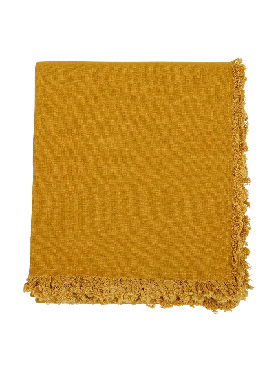 Obrus z bawełny z frędzlami Nalia, Bawełna, Żółty, Dla 6-8 osób (S 160 x D 250 cm)
