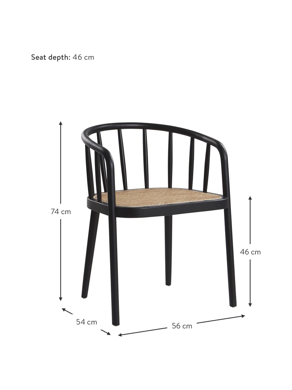 Holzstuhl Stocksund mit Wiener Geflecht, Rahmen: Birkenholz, lackiert, Sitzfläche: Rattan, Schwarz, Beige, B 56 x T 54 cm