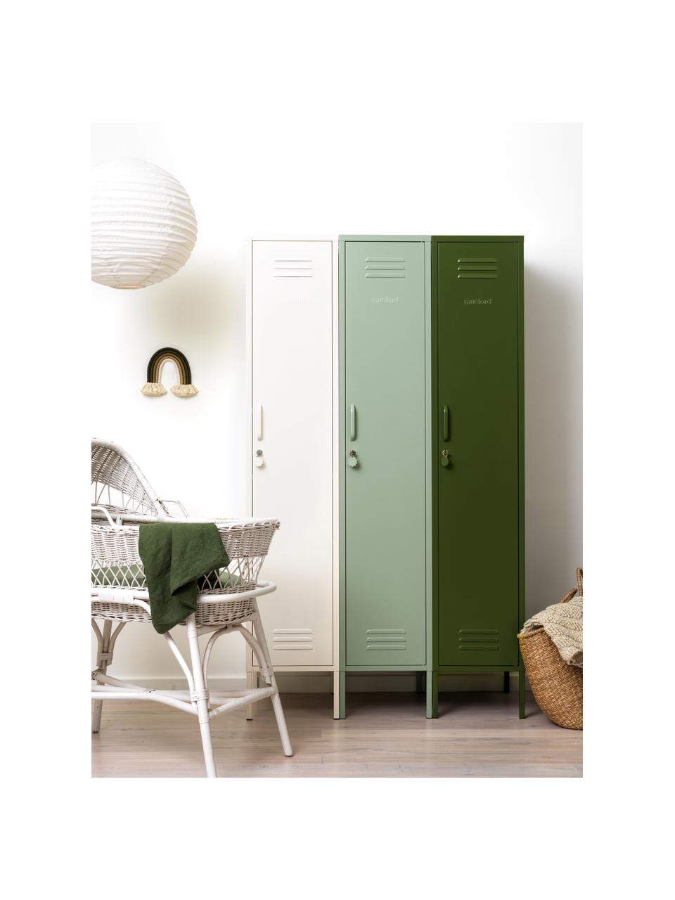 Armario taquilla pequeño Skinny, Acero con pintura en polvo, Verde salvia, Cama 150/160 cm (240 x 220 cm)
