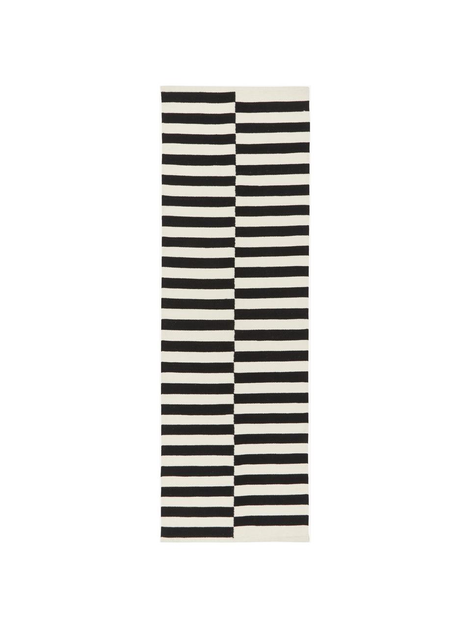 Handgewebter Kelim-Läufer Donna mit Streifen, Flor: 80% Wolle, 20% Nylon, Schwarz, Cremeweiß, B 80 x L 250 cm