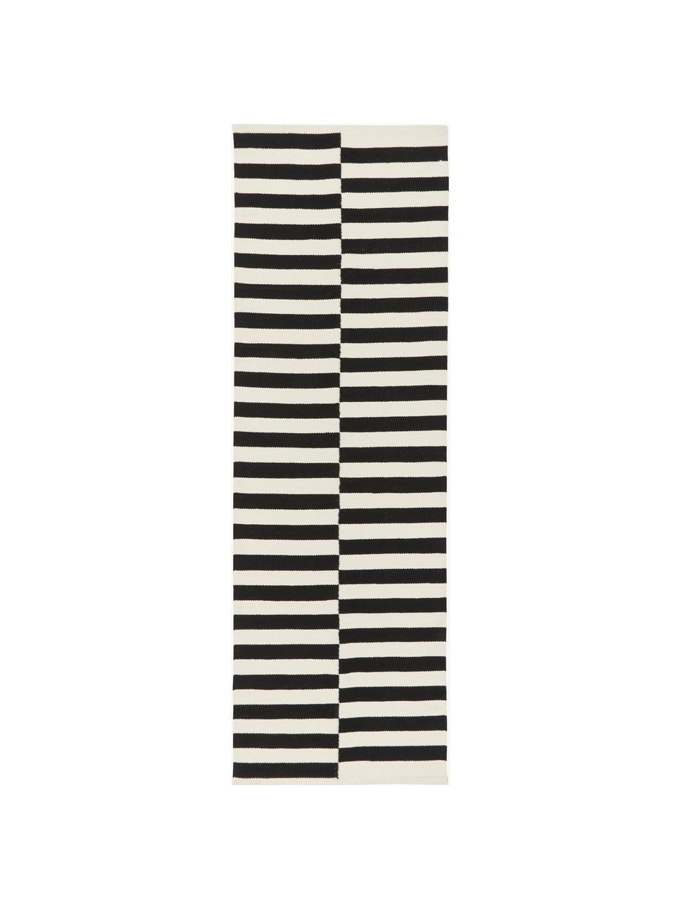 Tapis kilim tissé main Donna, Noir, blanc crème, larg. 80 x long. 250 cm