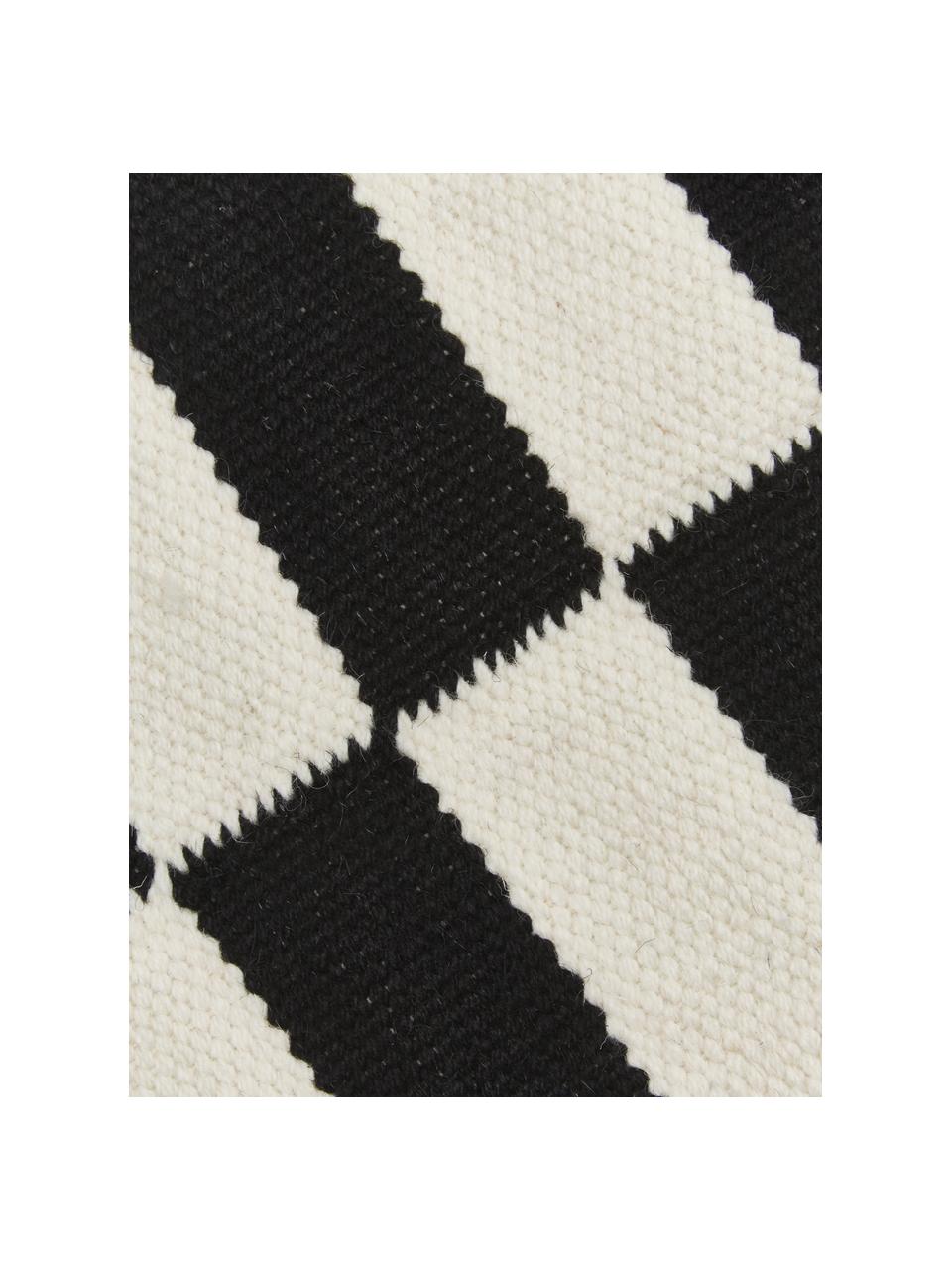Alfombra corredor kelim artesanal Donna, Parte superior: 70% lana, 19% nylon, 11% , Reverso: 100% algodón Las alfombra, Negro, blanco crema, An 80 x L 250 cm