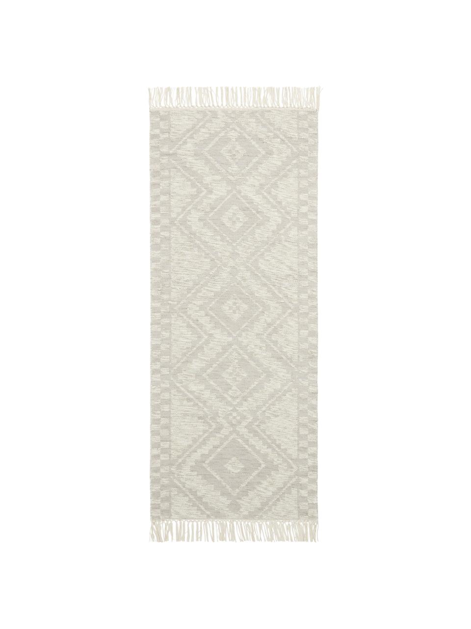 Wollläufer Cindrella mit Jacquardmuster und Fransenabschluss, 90% Wolle, 10% Baumwolle, Naturweiß, Beige, 80 x 200 cm