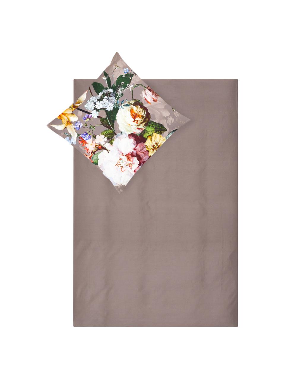 Baumwollsatin-Bettwäsche Fleur mit Blumen-Muster, Webart: Satin Fadendichte 209 TC,, Vorderseite: Taupe, Weiß, Gelb; Rückseite: Taupe, 135 x 200 cm + 1 Kissen 80 x 80 cm