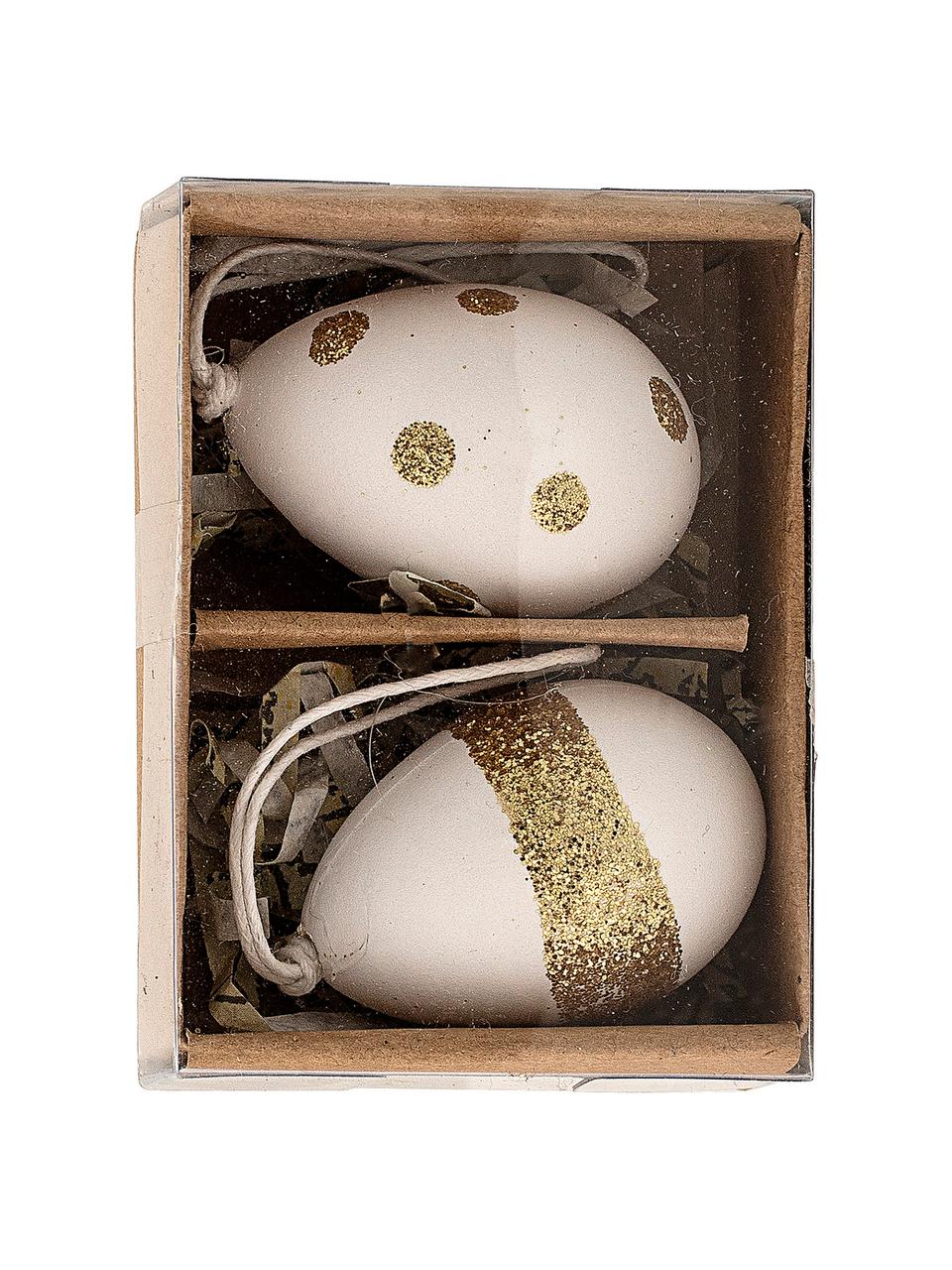 Objet déco Pâques œufs à suspendre Luno, 2 élém., Plastique, Blanc, couleur dorée, Ø 4 cm x haut. 3 cm