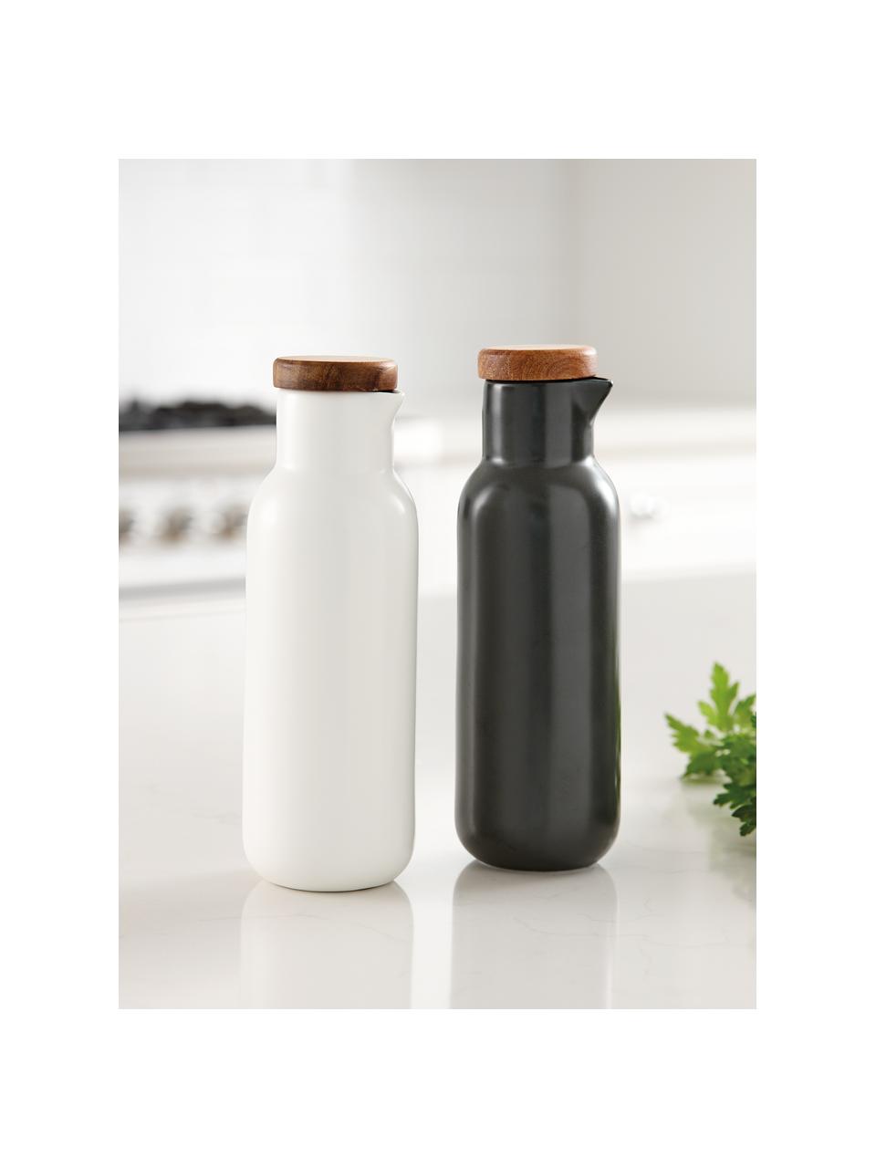 Essig- und Öl-Spender Essentials aus Porzellan und Akazienholz, 2er-Set, Weiß, Anthrazit, Ø 6 x H 18 cm