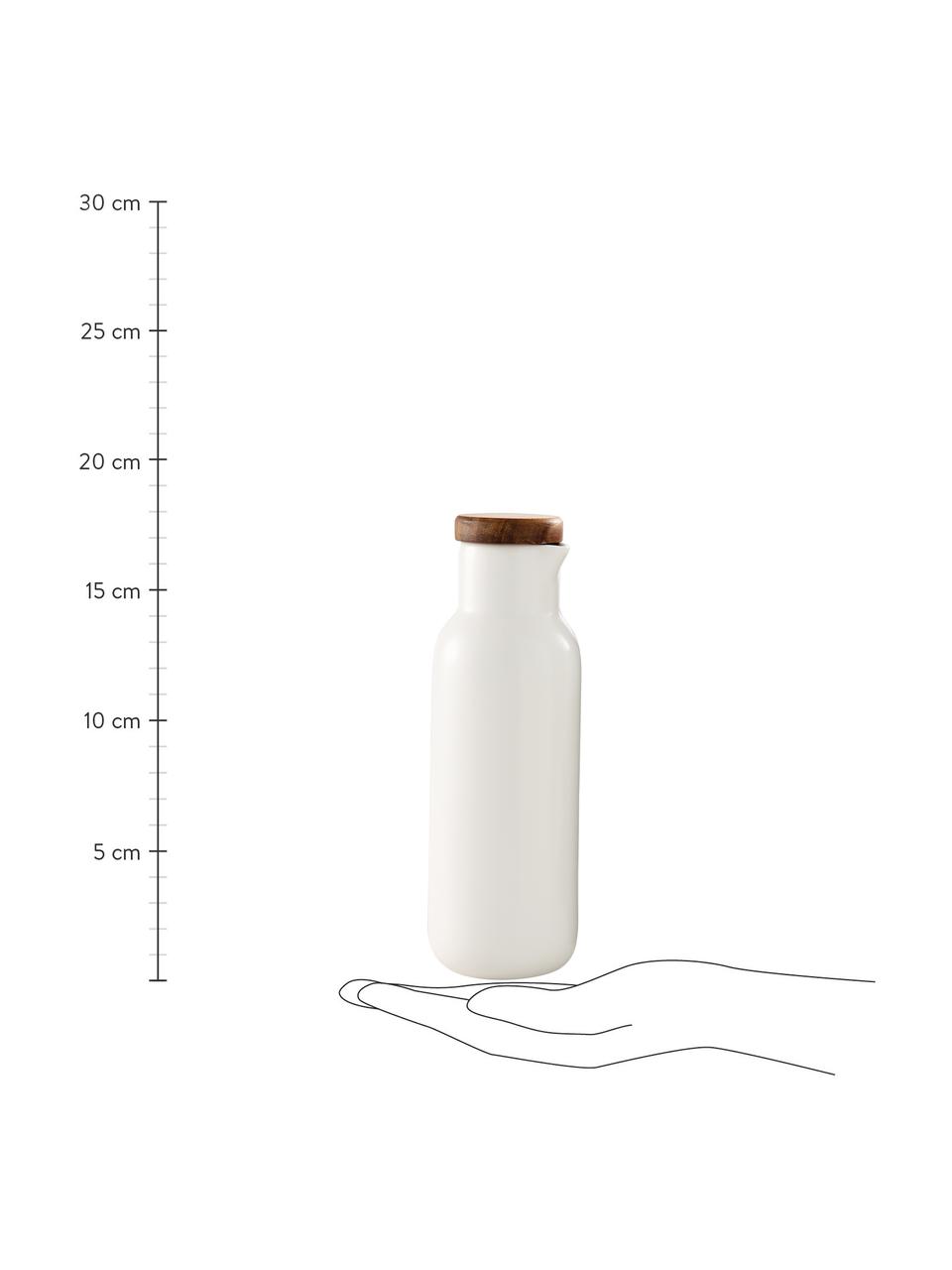 Azijn- en olie-dispenser Essentials van porselein en acaciahout, 2-delig, Wit, antraciet, Ø 6 x H 18 cm