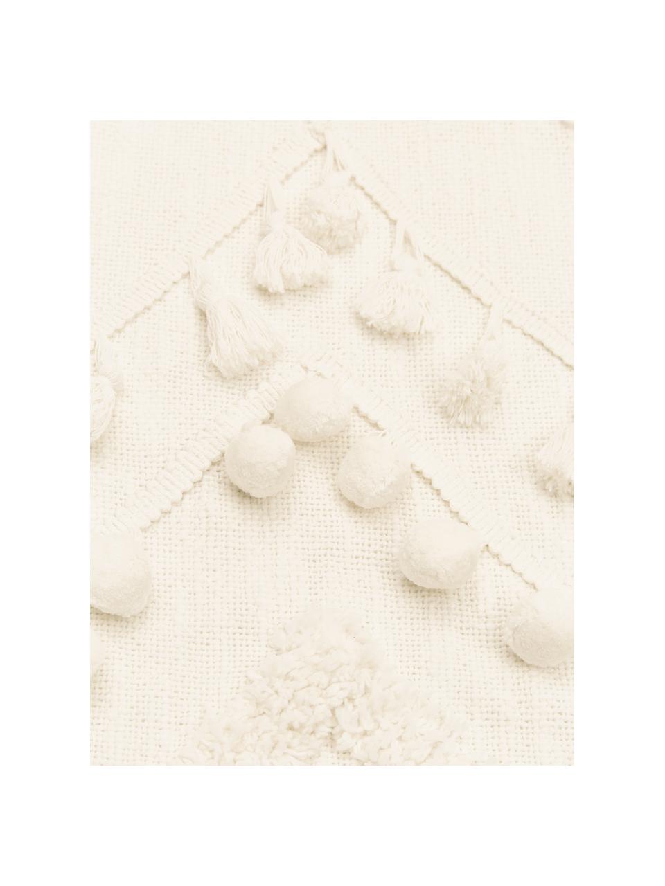 Plaid boho in cotone con nappe e pompon Pana, 100% cotone, Bianco crema, Larg. 130 x Lung. 170 cm