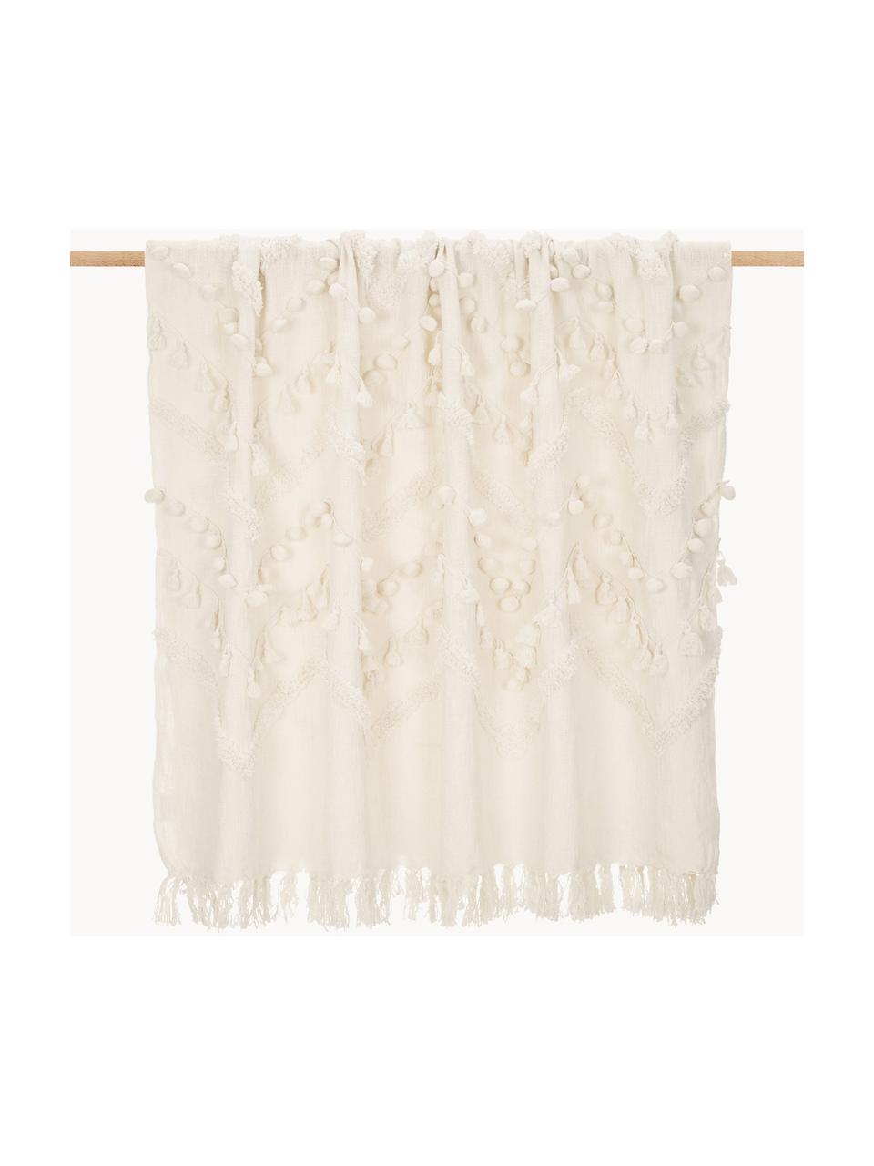 Manta de algodón con borlas y pompones Pana, estilo boho, 100% algodón, Blanco crema, An 130 x L 170 cm