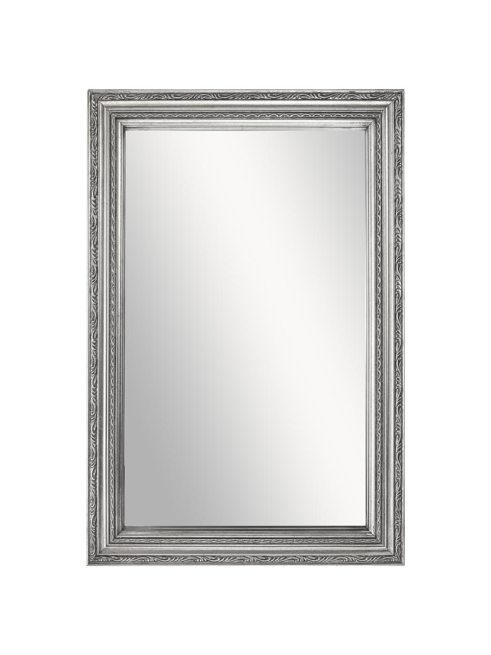 Specchio da parete barocco con cornice in legno argento Muriel, Cornice: legno massiccio rivestito, Retro: pannello di fibra a media, Superficie dello specchio: lastra di vetro, Argento, Larg. 40 x Alt. 60 cm