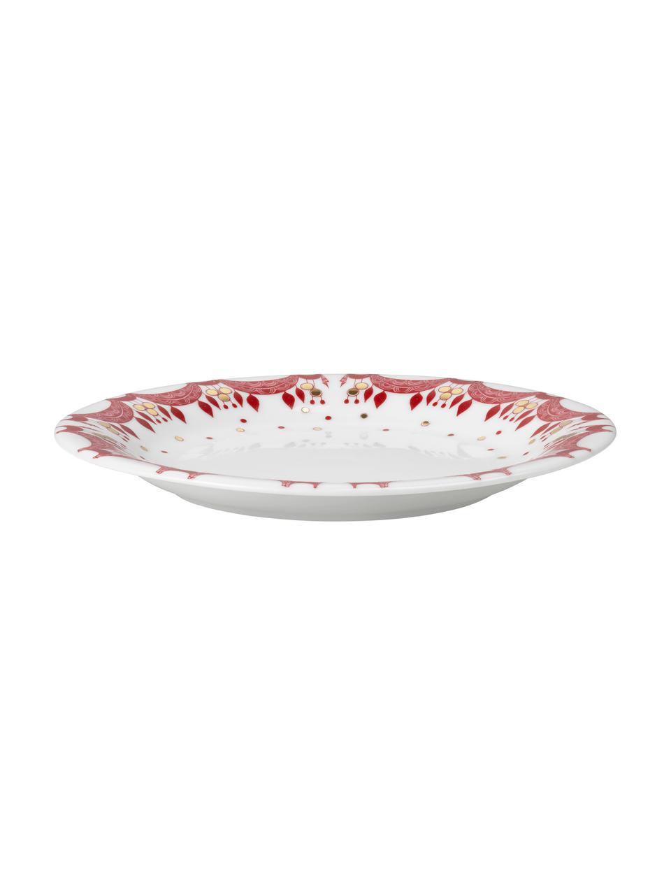 Platos postre navideños artesanales Guirlande, 4 uds., Porcelana, Blanco, rojo, dorado, Ø 21 cm