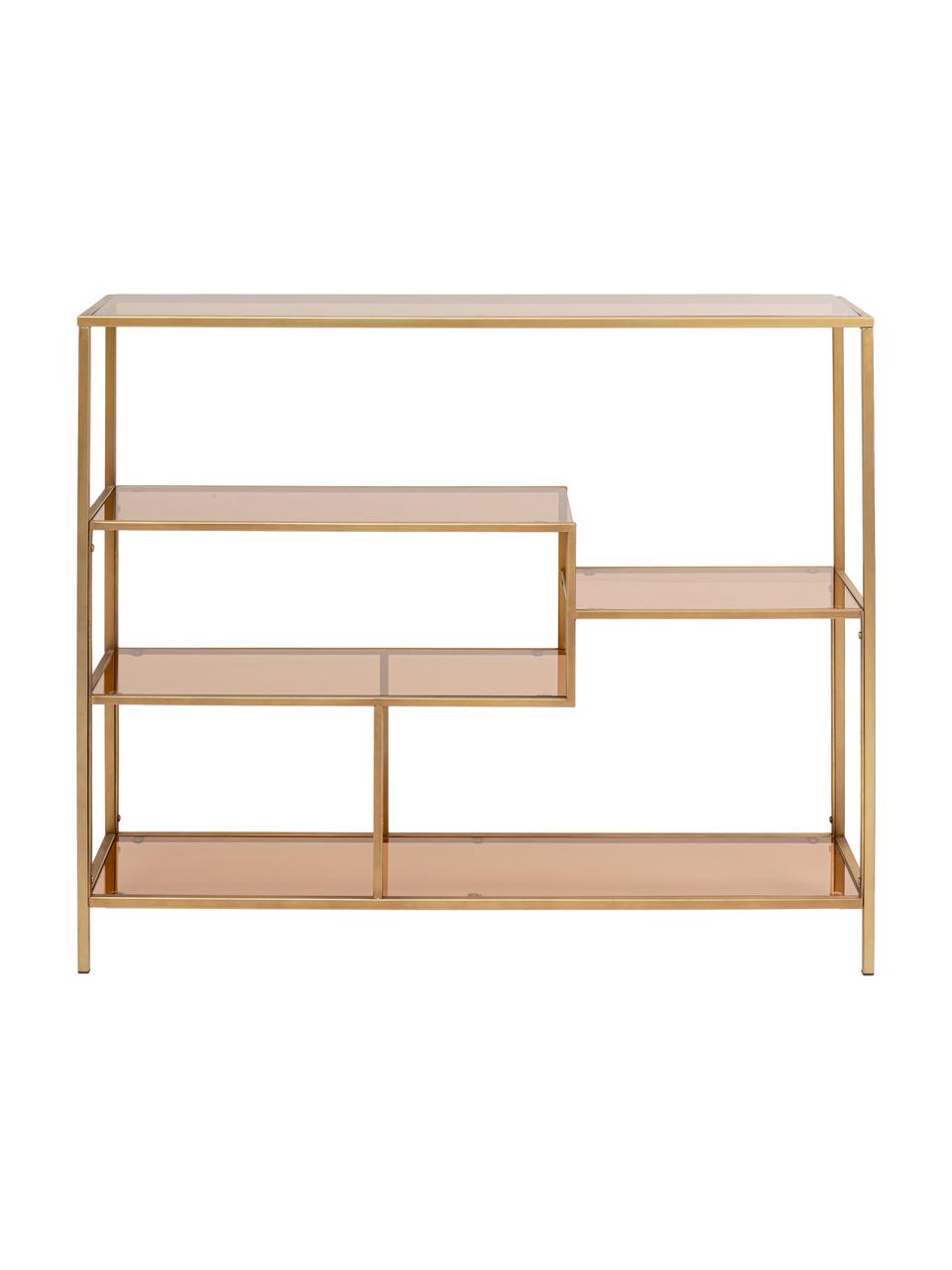 Libreria in metallo Loft, Struttura: metallo verniciato a polv, Ripiani: vetro temperato colorato, Dorato, Larg. 115 x Alt. 100 cm