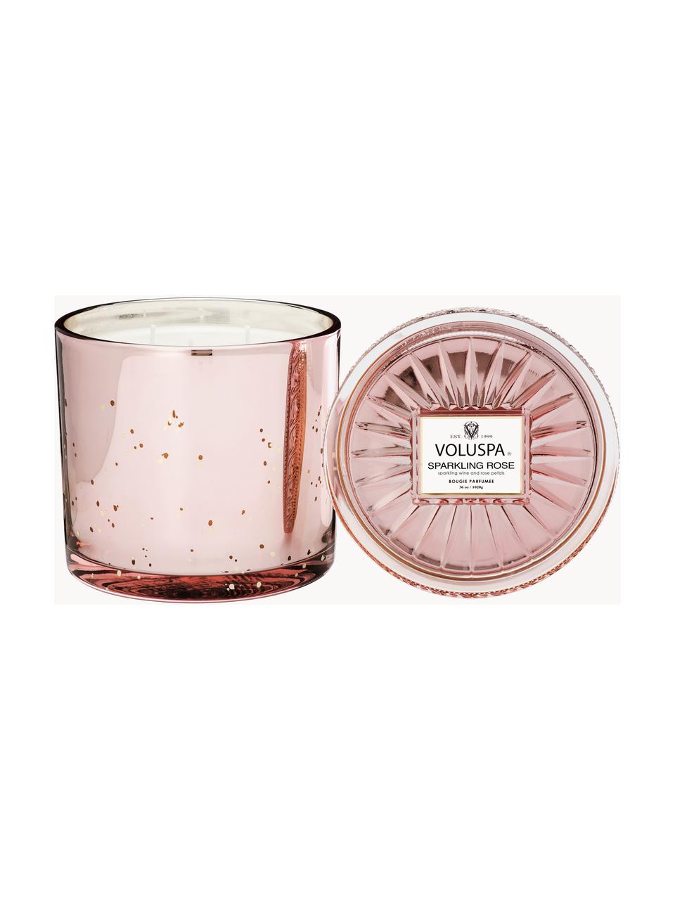 Candela profumata con tre stoppini fatta a mano Bougie Parfumee (champagne e petali di rosa), Contenitore: vetro, Spumante e petali di rosa, Larg. 14 x Alt. 14 cm