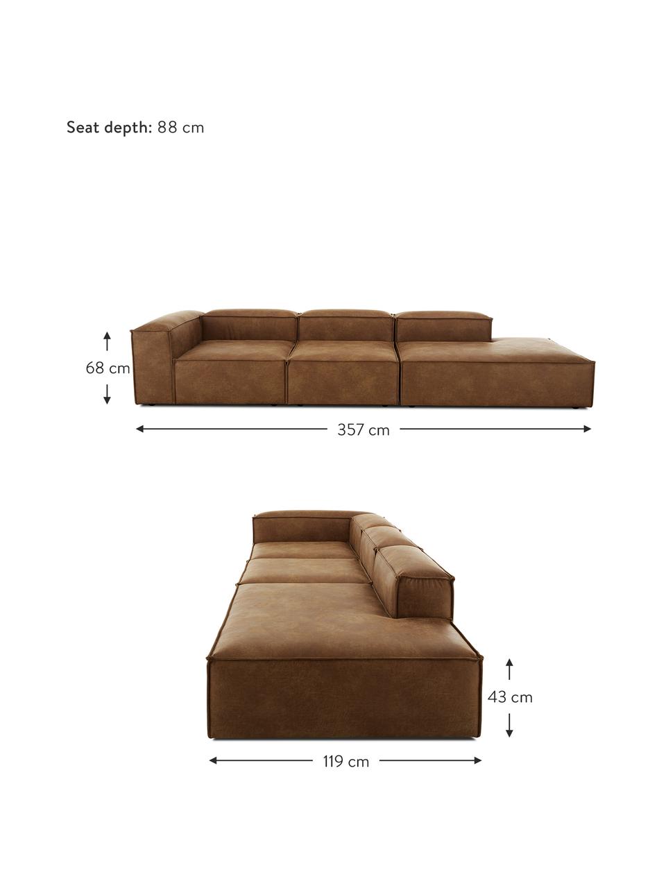 Modulární šezlong XL z recyklované kůže Lennon, Hnědá, Š 357 cm, H 119 cm, opěradlo na levé straně