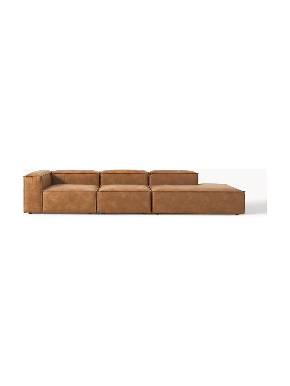 Modulaire XL chaise longue Lennon van gerecycled leer, Bekleding: gerecycled leer (70% leer, Frame: massief hout, multiplex, Poten: kunststof Dit product is , Leer bruin, B 357 x D 119 cm, armleuning links