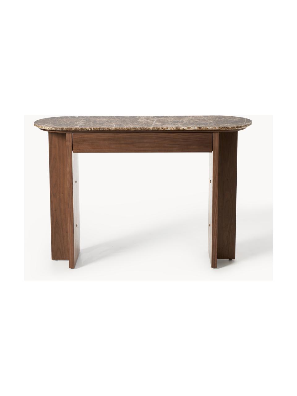 Consola de madera con tablero de mármol Zumi, Estructura: tablero de fibras de dens, Tablero: mármol, Madera de nogal lacada, mármol marrón, An 120 x Al 80 cm