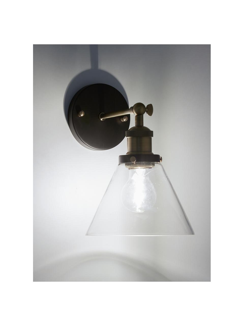 Lampada da parete New York Loft No.1, Baldacchino: metallo verniciato a polv, Paralume: vetro, Nero, ottone trasparente, Larg. 19 x Alt. 29 cm