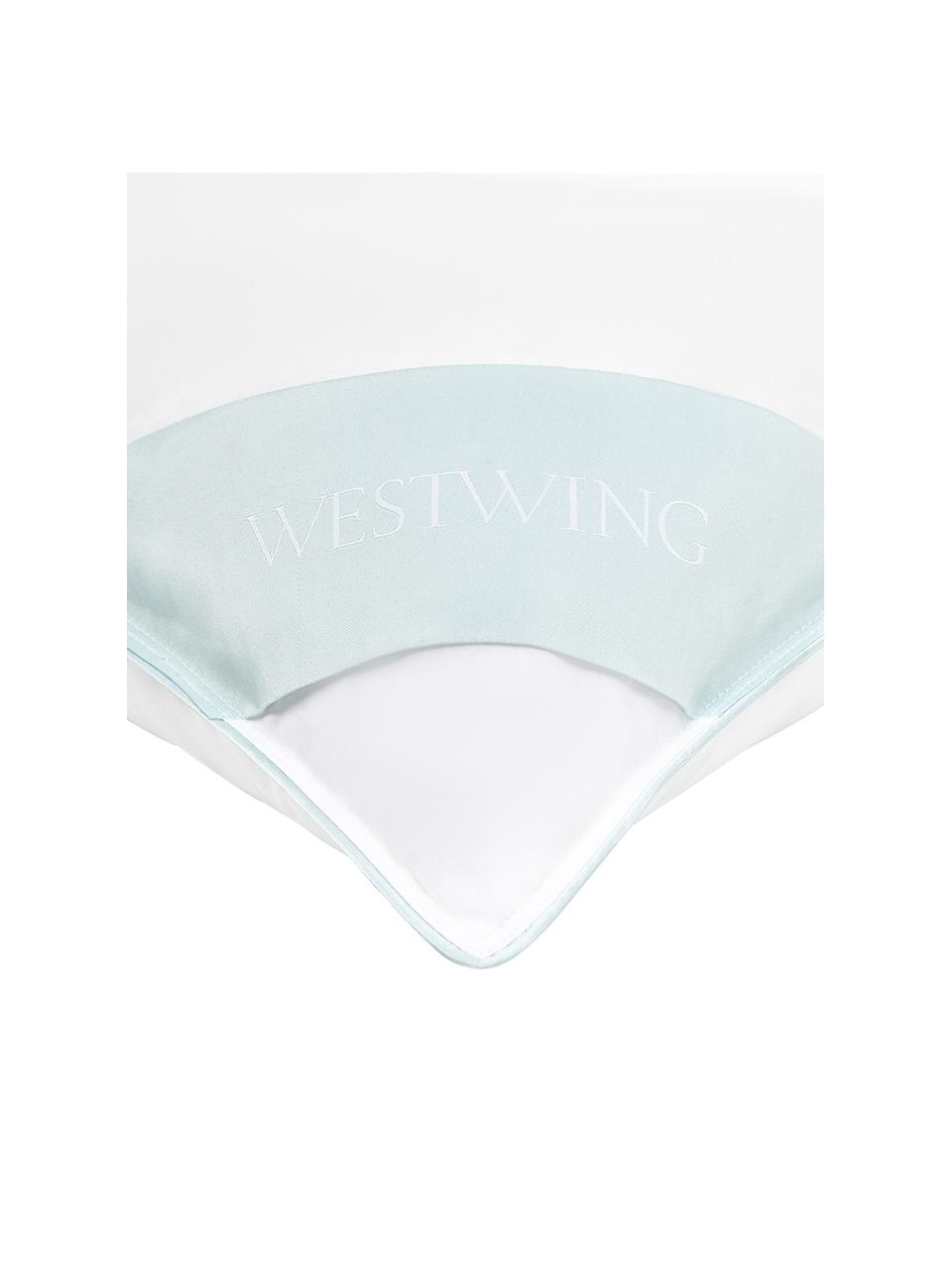 Almohada de plumas Comfort, blanda, Blanco con ribete turquesa satinado, An 50 cm x L 70 cm