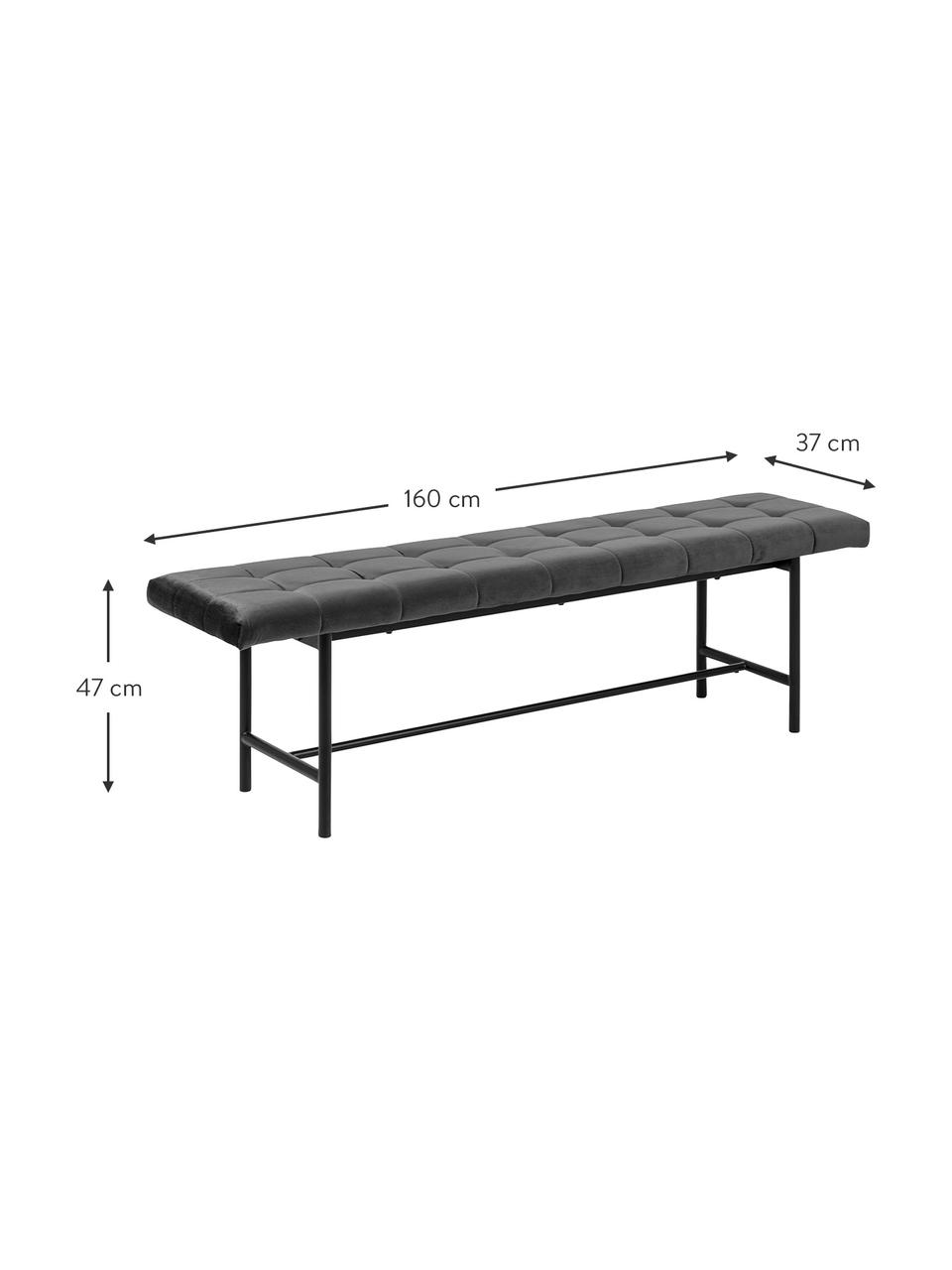 Panca imbottita in velluto Sigfrid, Rivestimento: velluto di poliestere 25., Gambe: metallo, verniciato a pol, Velluto grigio scuro, Larg. 160 x Alt. 47 cm