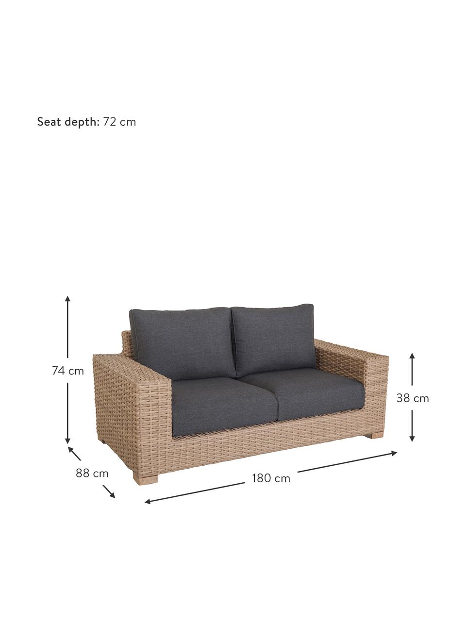 Garten-Loungesofa Saba aus Polyratten (2-Sitzer), Korpus: Polyrattan, UV-beständig, Füße: Akazienholz, massiv, Gestell: Aluminium, Bezug: Polyester, UV-beständig u, Braun, B 180 x T 88 cm