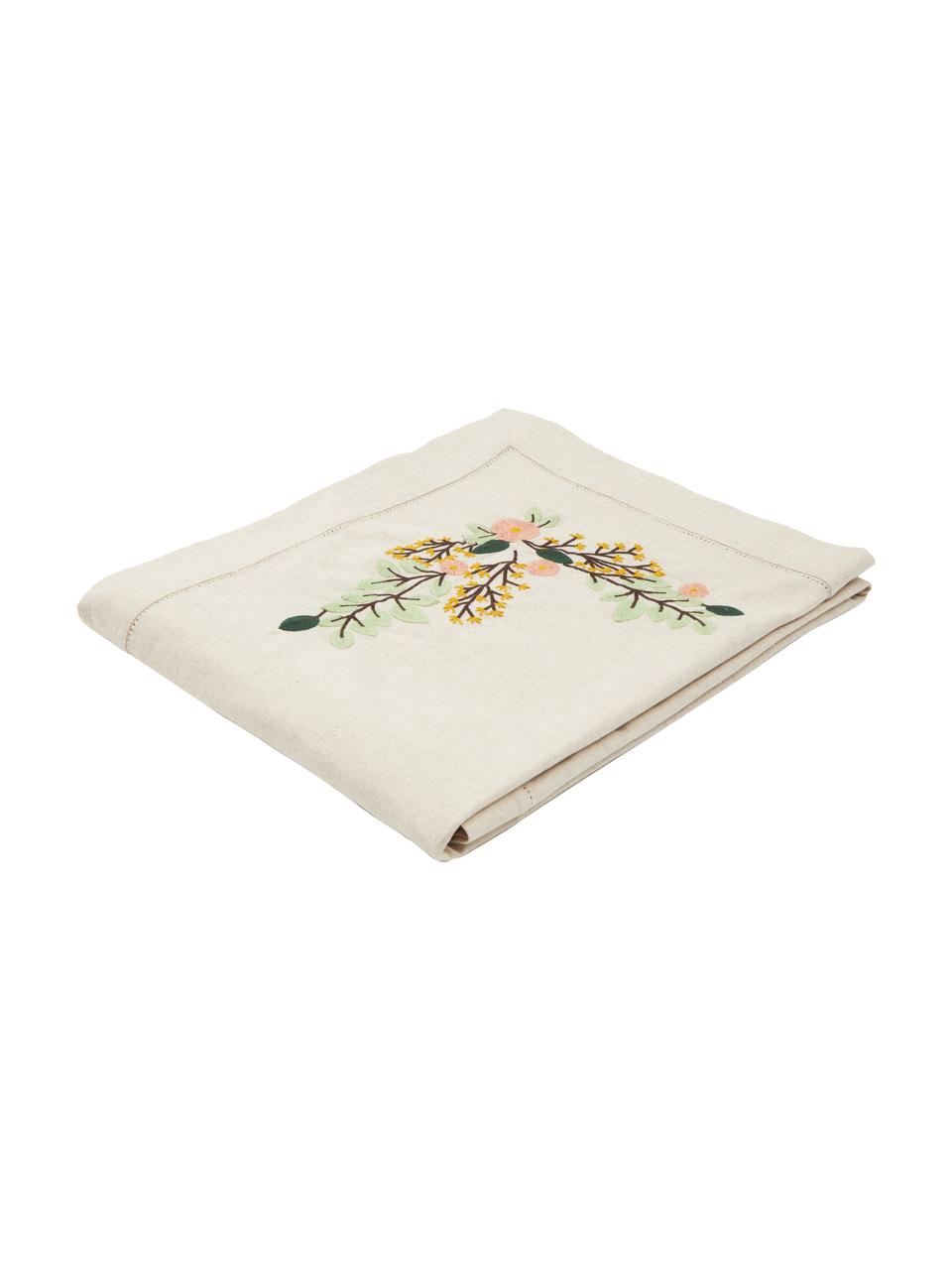 Mantel bordado Argo, 75% algodón, 25% lino, Beige con motivo floral, De 6 a 10 comensales (An 140 x L 240 cm)