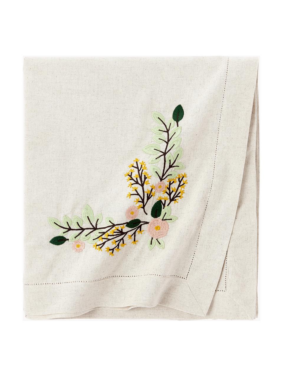 Nappe avec motif à fleurs brodé Argo, 75 % coton certifié BCI, 25 % lin, Beige clair, fleurs-motif figuratif, 6-8 personnes (long. 240 x larg. 140 cm)