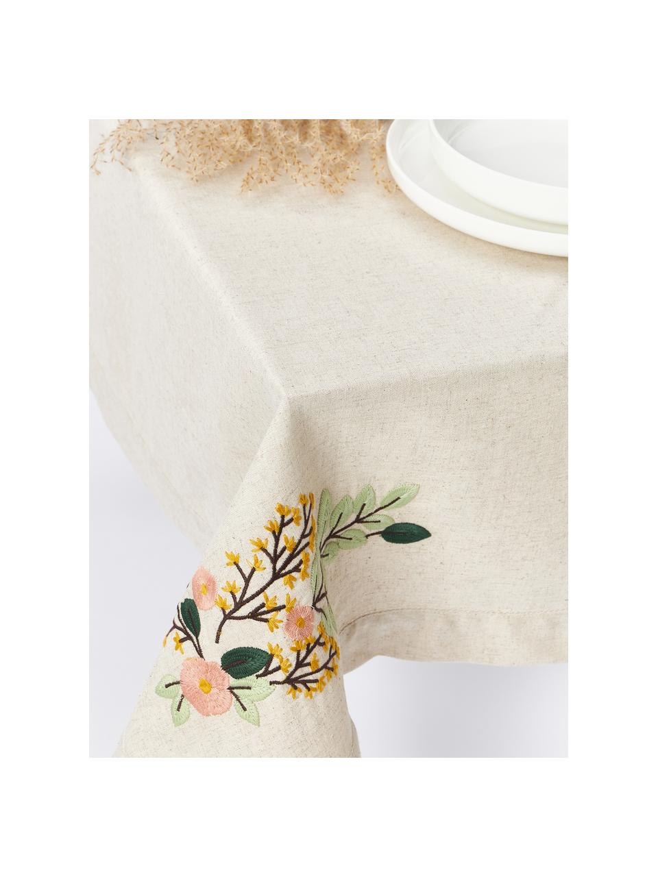 Nappe avec motif à fleurs brodé Argo, 75 % coton certifié BCI, 25 % lin, Beige clair, fleurs-motif figuratif, 6-8 personnes (long. 240 x larg. 140 cm)