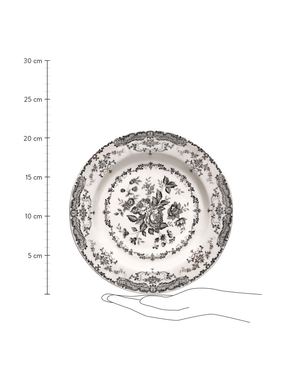 Ontbijtborden Rose met bloemmotief in wit/zwart, 2 stuks, Keramiek, Wit, zwart, Ø 21 x H 1 cm