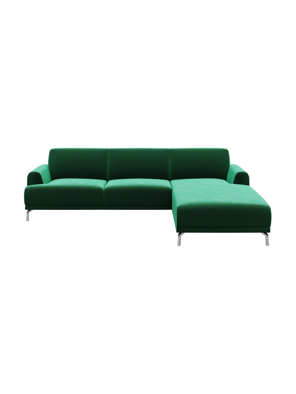 Divano angolare in velluto verde scuro Prado, Rivestimento: 100% velluto di poliester, Sottostruttura: compensato, legno di fagg, Piedini: metallo verniciato, Verde scuro, Larg. 240 x Alt. 165 cm