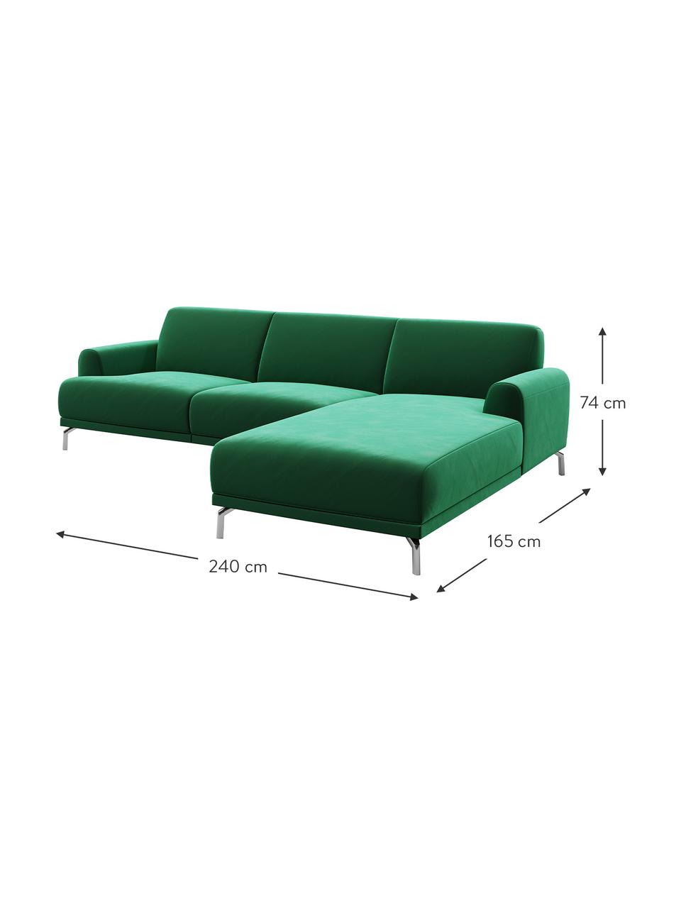 Divano angolare in velluto verde scuro Prado, Rivestimento: 100% velluto di poliester, Sottostruttura: compensato, legno di fagg, Piedini: metallo verniciato, Verde scuro, Larg. 240 x Alt. 165 cm