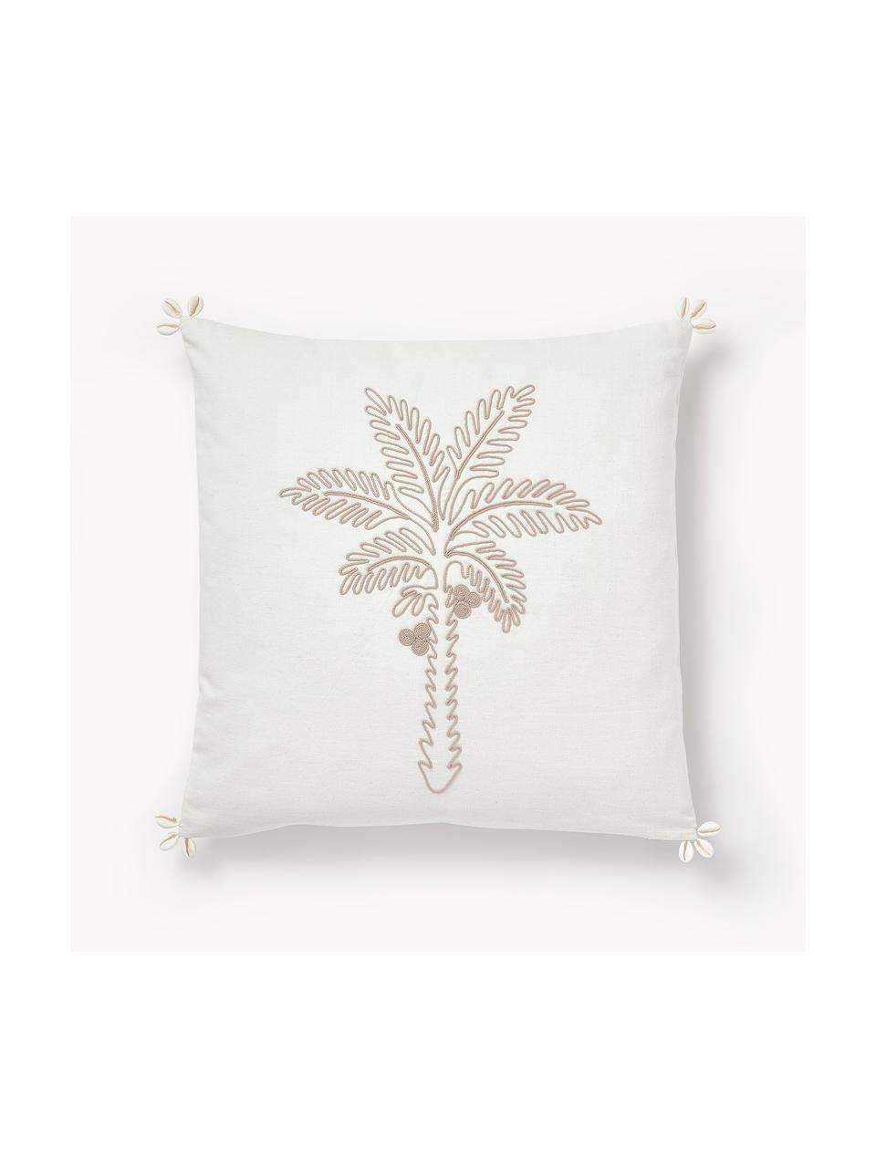 Housse de coussin 45x45 brodée avec détails de coquillages Tamir, Blanc crème, beige, larg. 45 x long. 45 cm