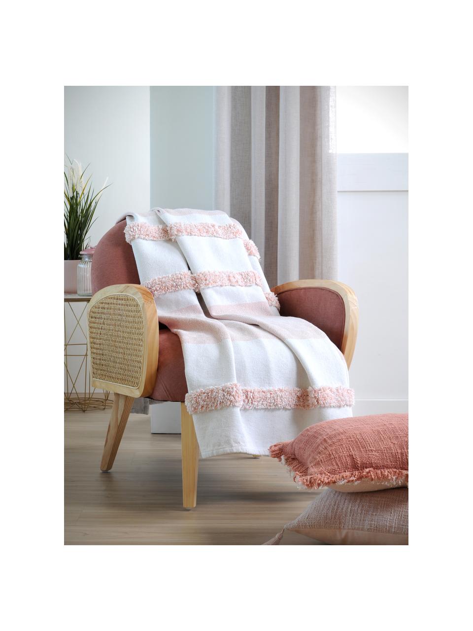 Plaid con motivo a rilievo Pimperlet, Cotone, Bianco latte, rosa, Larg. 125 x Lung. 150 cm