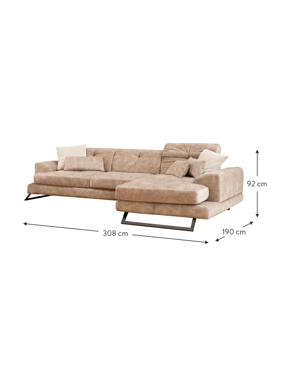 Divano angolare 4 posti in tessuto beige scuro Frido, Rivestimento: 100% poliestere, Struttura: legno di betulla, truciol, Piedini: metallo rivestito, Beige scuro, Larg. 308 x Prof. 190 cm