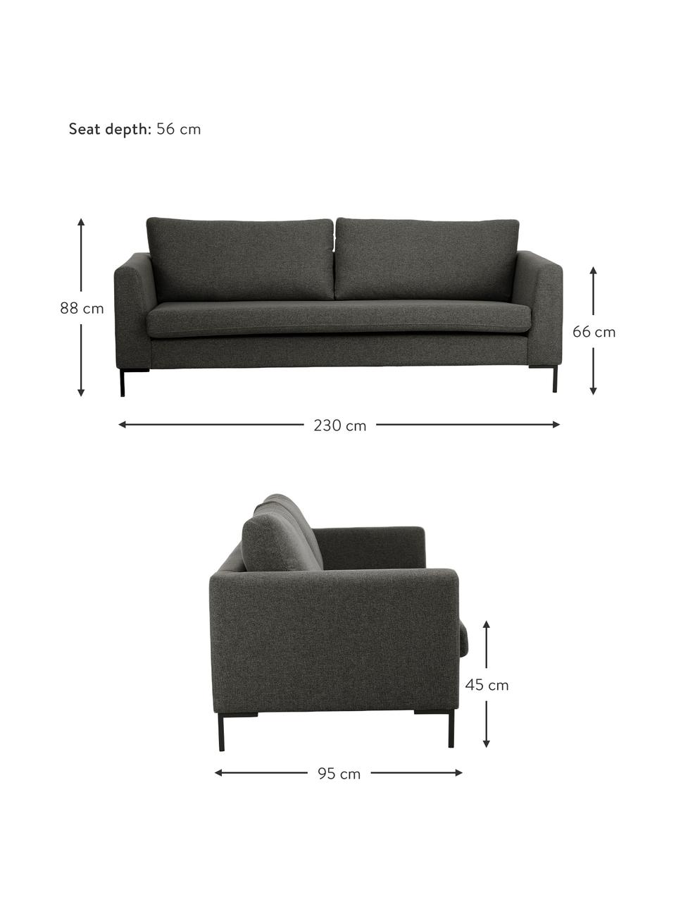 Canapé 3 places Luna, Tissu anthracite, larg. 230 x prof. 95 cm