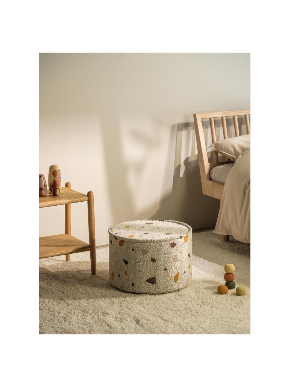 Pouf en bouclette pour enfants fait main Sugar, Ø 40 cm, Bouclette blanche, aspect terrazzo, Ø 40 x haut. 25 cm