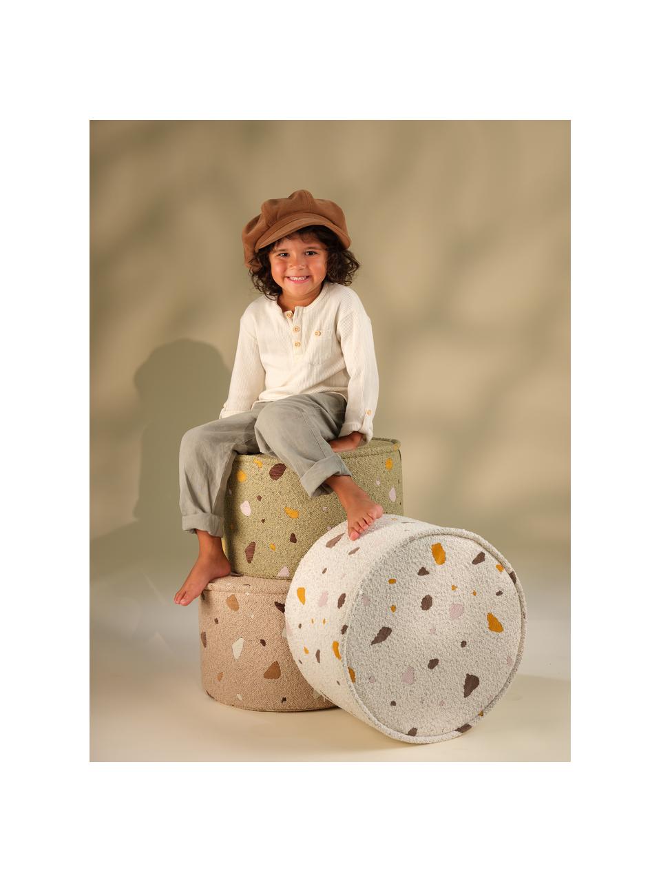 Handgefertigter Kinder-Pouf Sugar aus Bouclé, Ø 40 cm, Bouclé Weiß, Terrazzo-Optik, Ø 40 x H 25 cm