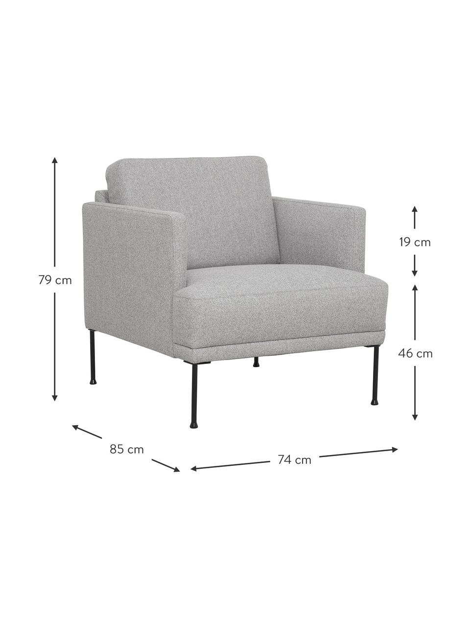 Poltrona con piedini in metallo Fluente, Rivestimento: 80% poliestere, 20% ramiè, Struttura: legno di pino massiccio, Piedini: metallo verniciato a polv, Tessuto grigio chiaro, Larg. 74 x Prof. 85 cm