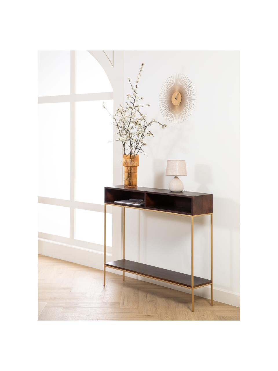 Konsola z litego drewna z otwartym przedziałem Lyle, Stelaż: metal malowany proszkowo, Drewno mangowe, odcienie złotego, S 105 x D 89 cm