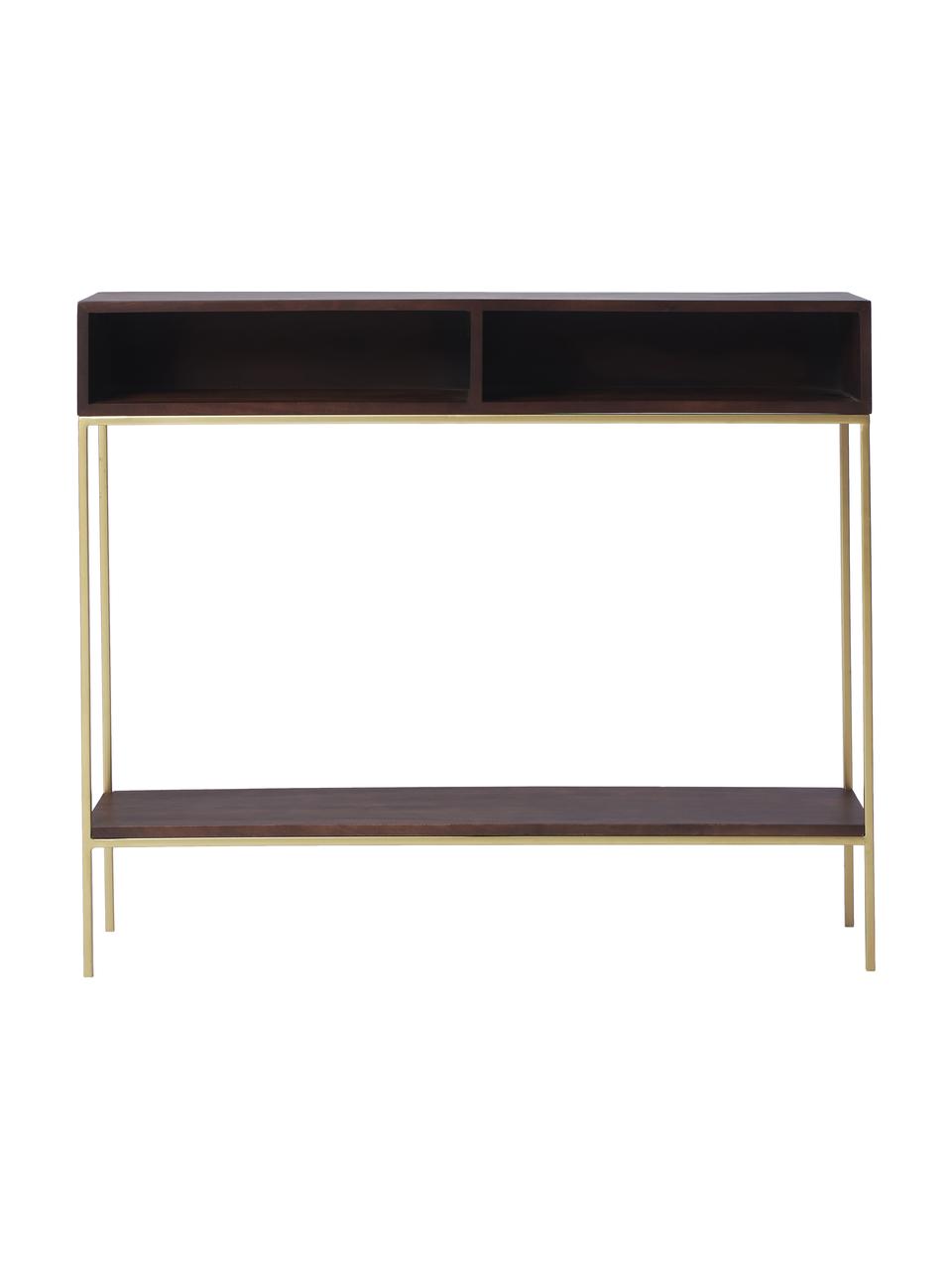Massief hout wandtafel Lyle met open vakken, Frame: gepoedercoat metaal, Mangohout, goudkleurig, B 105 x H 89 cm