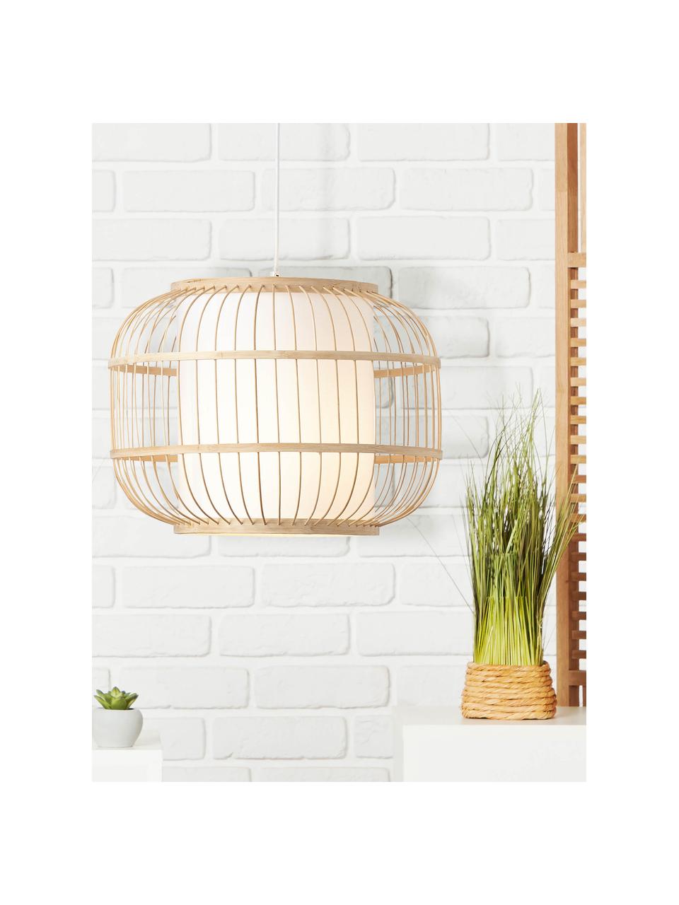 Lampada a sospensione in bambù Bones, Paralume: bambù, Baldacchino: metallo rivestito, Marrone chiaro, bianco, Ø 40 x Alt. 30 cm