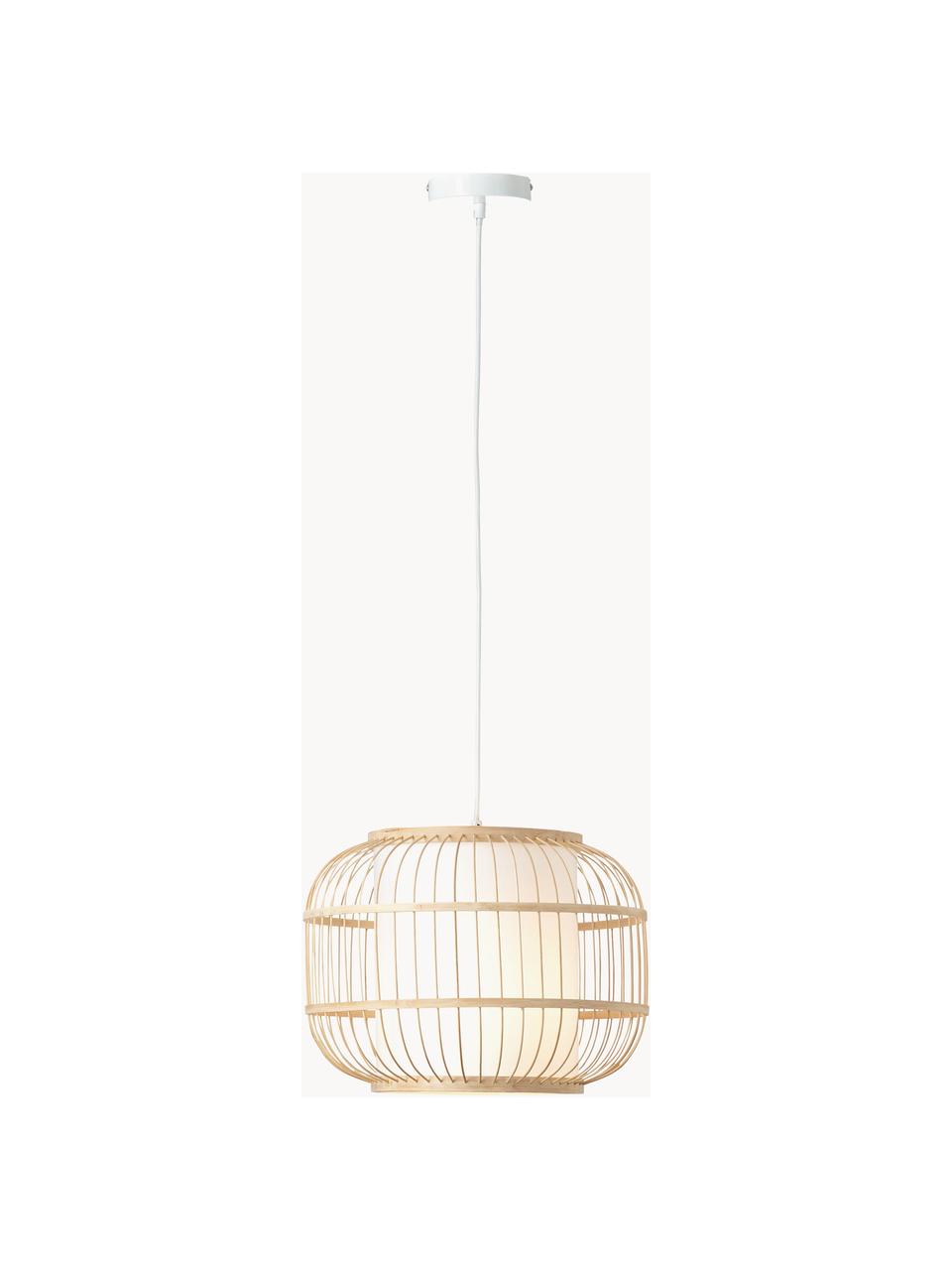 Hanglamp Bones van bamboehout, Lampenkap: bamboe, Diffuser: stof, Bruin, wit, Ø 40 x H 30 cm