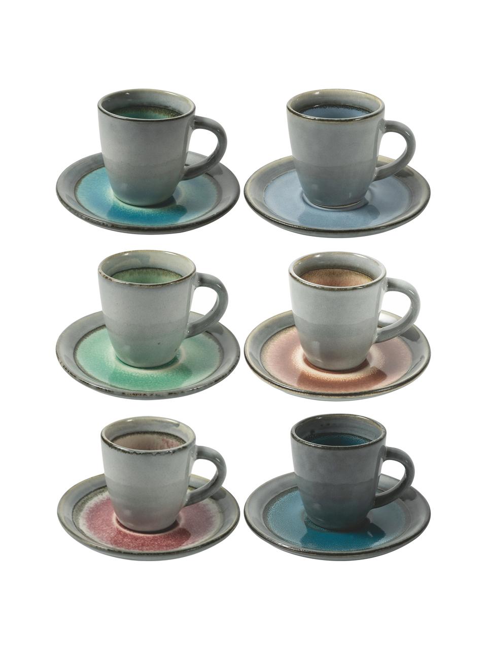 Espressokop met schotel Bahamas met gekleurde binnenkant, set van 6, Keramiek, Grijs, multicolour, Set met verschillende formaten