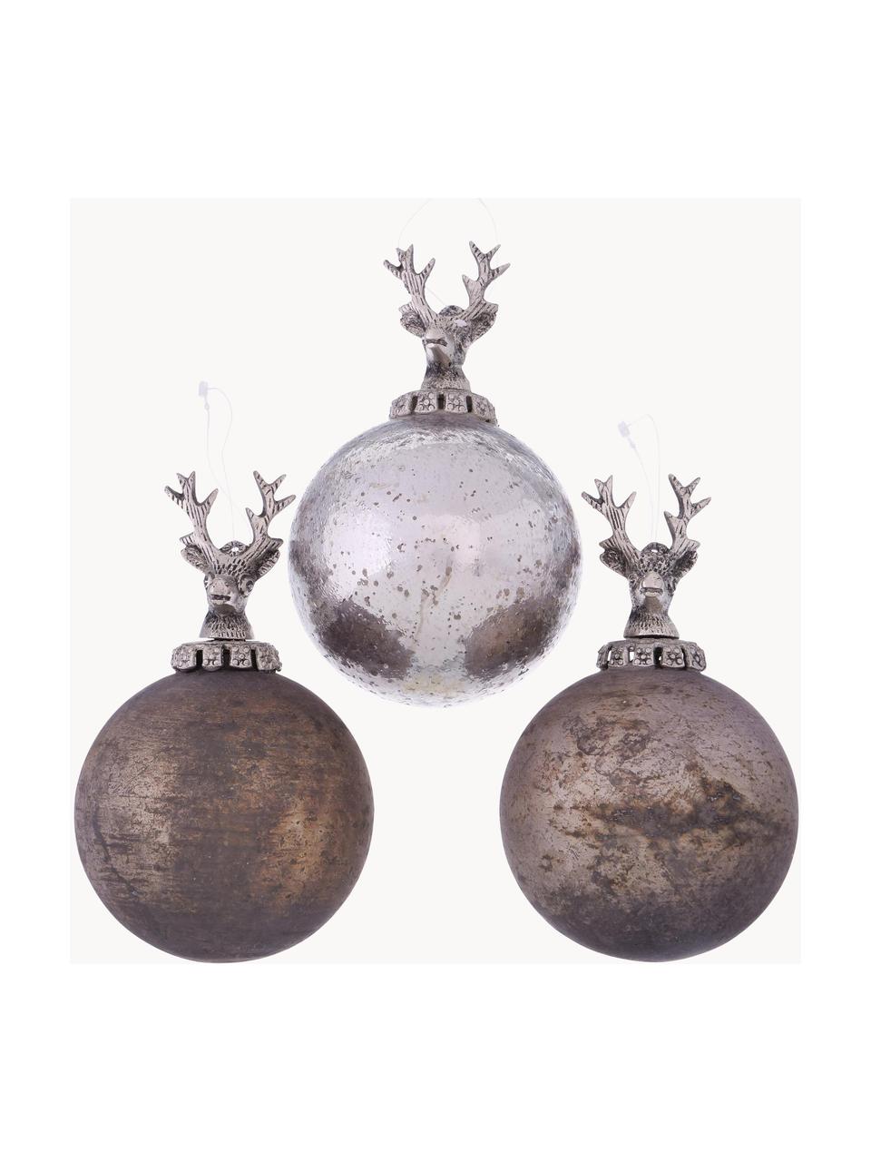 Handgefertigte Weihnachtskugeln Sainte, 3er-Set, Grau, Braun, Silberfarben, Ø 10 x H 10 cm