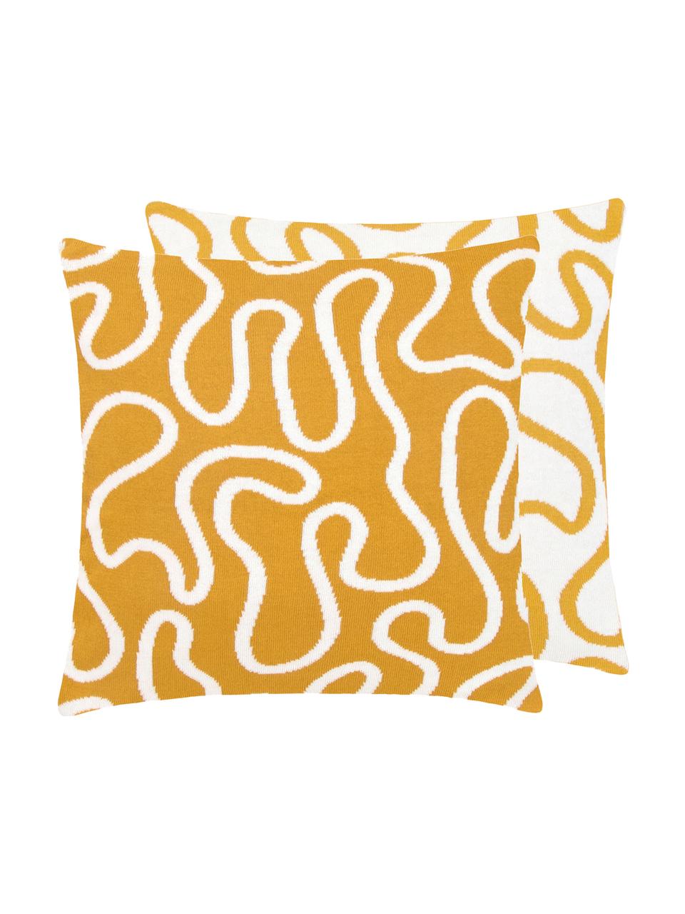 Feinstrick-Wendekissenhülle Amina mit abstraktem Linienmuster, 100% Baumwolle, Gelb/Weiß, 40 x 40 cm