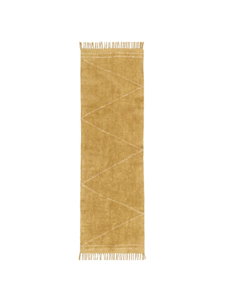 Handgetufte katoenen loper Asisa met zigzag patroon en franjes, Geel, B 80 x L 250 cm