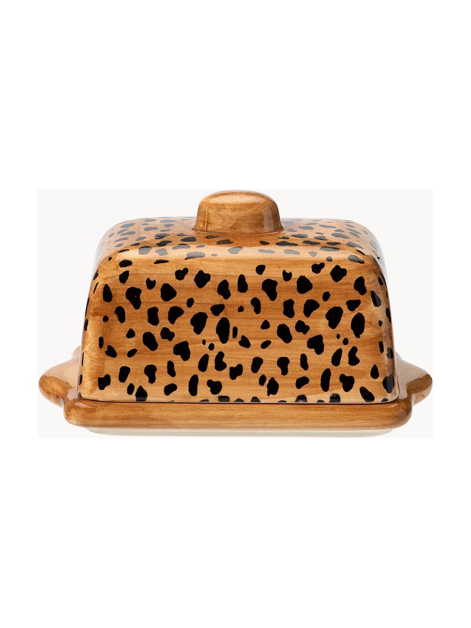 Handbemalte Butterdose Leopard, Steingut, Hellbraun, Schwarz, B 17 x H 9 cm