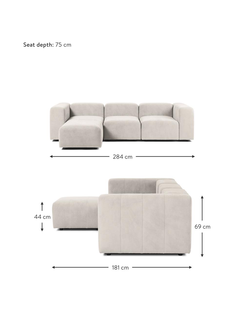 Sofá modular con reposapiés Lena (4 plazas), Tapizado: tejido (88% poliéster, 12, Estructura: madera de pino, contracha, Patas: plástico, Tejido blanco crema, An 284 x F 181 cm