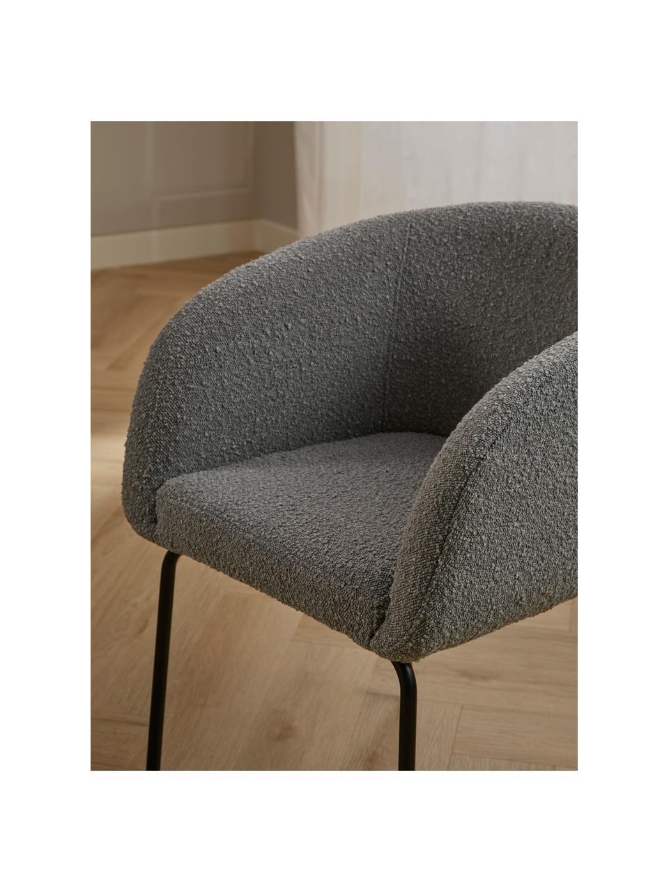 Krzesło z podłokietnikami bouclé Alani, 2 szt., Tapicerka: 100% poliester Dzięki tka, Nogi: metal malowany proszkowo, Szary bouclé, S 58 x W 78 cm